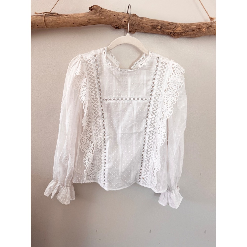 By The River White Swiss Dot Eyelet Lace Ruffle Blouse Long Sleeve Small NWT